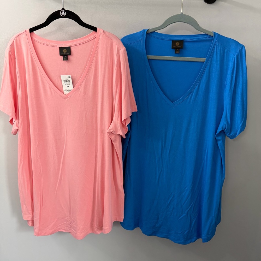 JM Collection V-Neck Short Sleeve Tee in Pink and Blue 2X